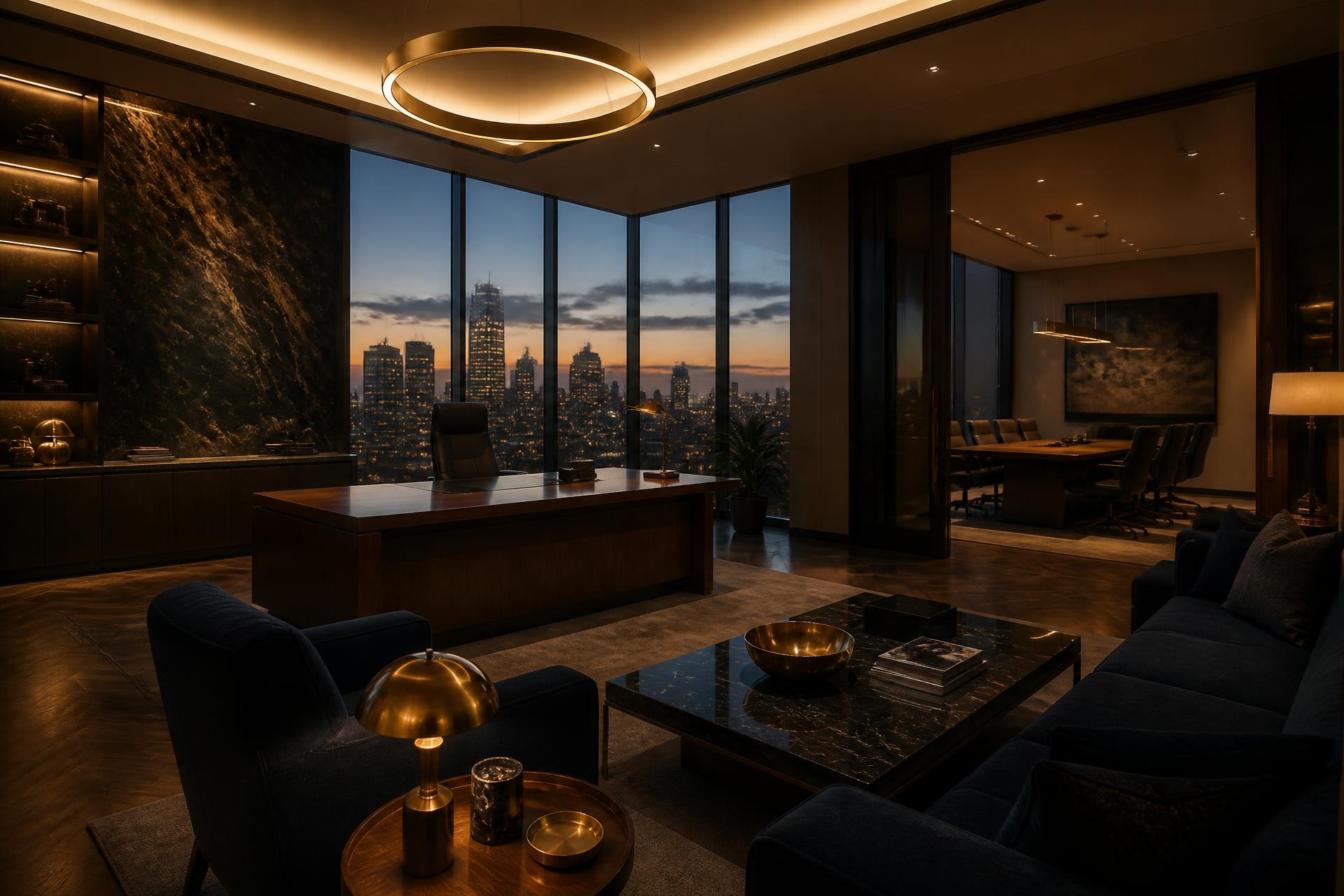 Polished dark marble private banking hall with warm gold accent lighting