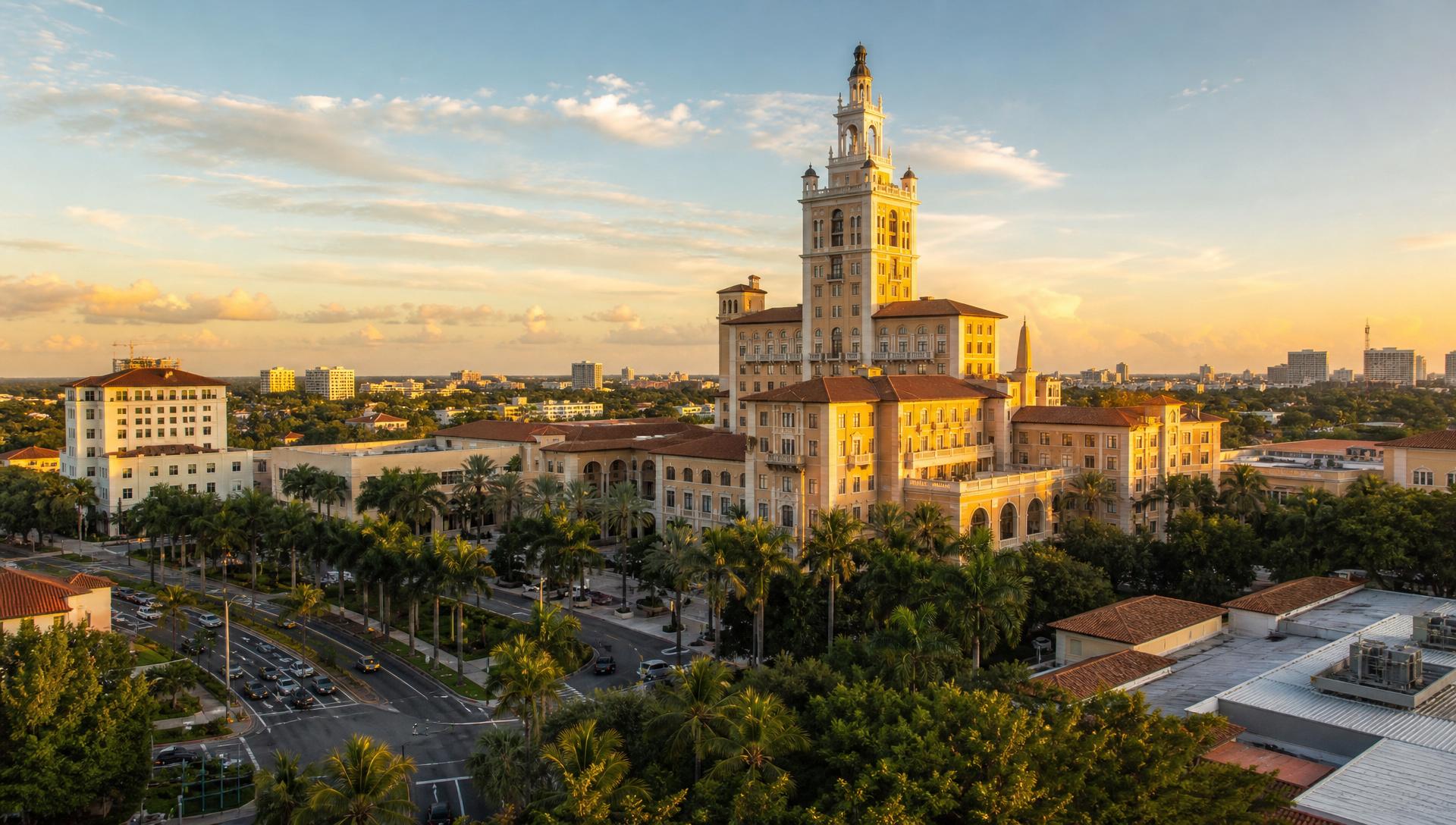 The Biltmore Hotel and Coral Gables Spanish-style architecture at golden hour