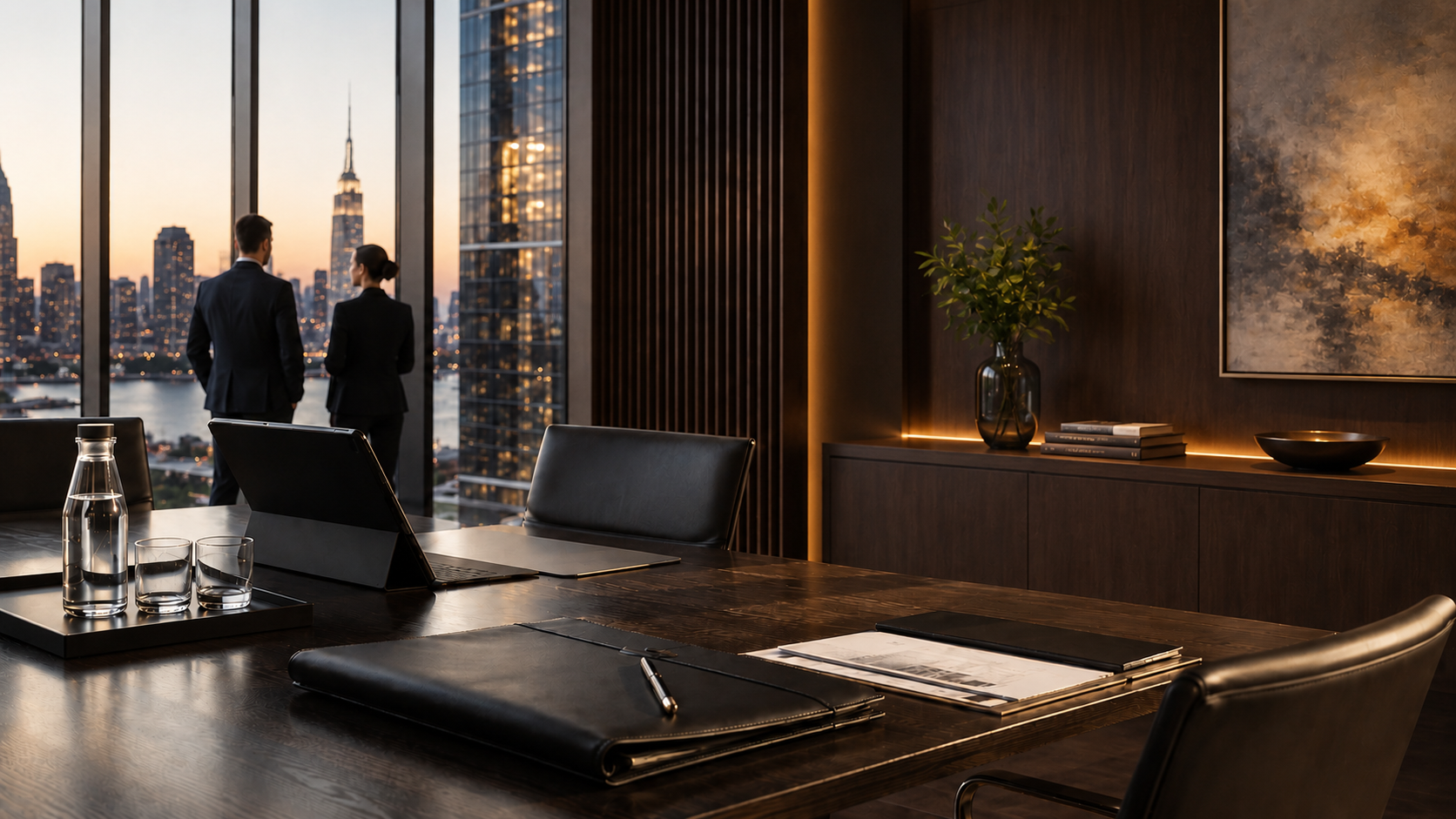 Advisors meeting in a boardroom overlooking the city skyline