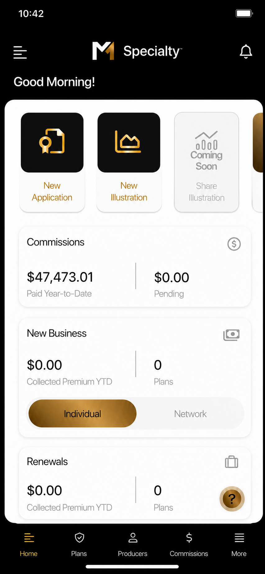 M1 Direct app dashboard showing plan and business activity